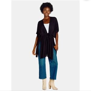 Time and Tru Black Tie Front Kimono L/XL  Lightweight Rayon Cover Up Coastal New